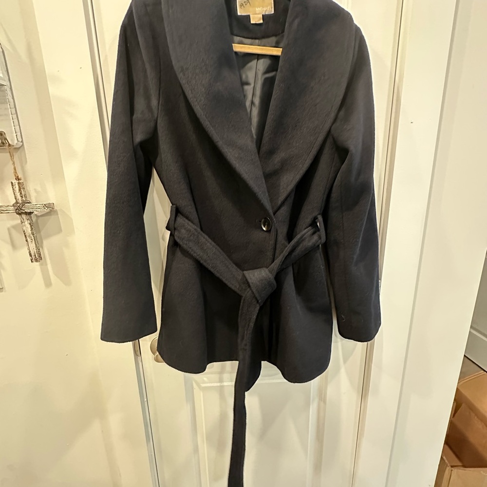 Michael Kors Navy Blue Trench Coat with Belted Wrap Design